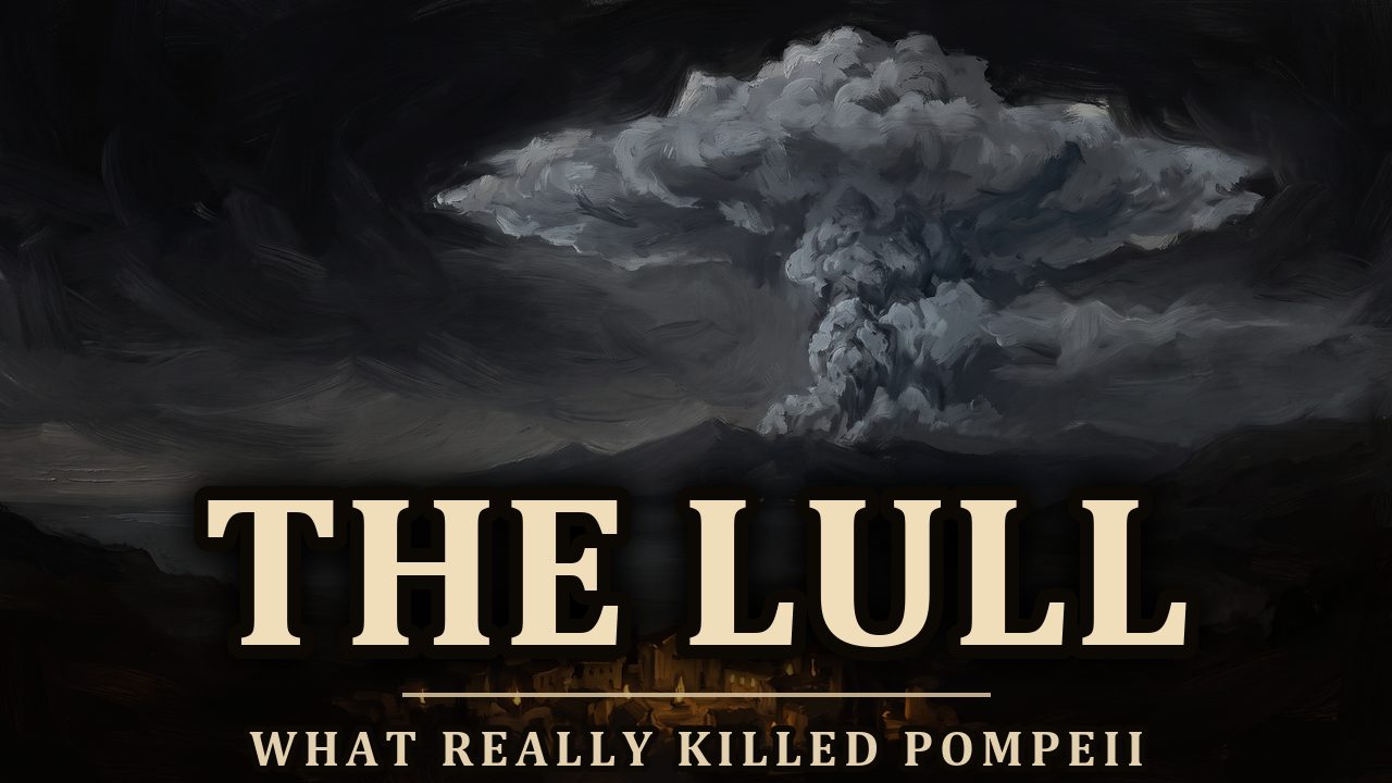 A towering eruption column over a darkened Pompeii, above the words The Lull
